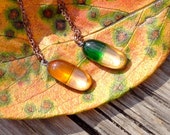 The Medicines for Autumn,A Pair of Capsule Pendants,Fused Glass and Copper,Citrine&Emerald Green Glass,Clear Glass