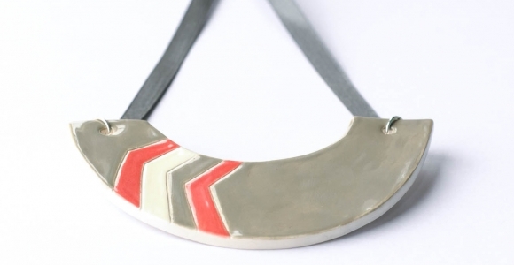 Grey and coral geometric ceramic statement necklace, modern ceramic jewelry for women