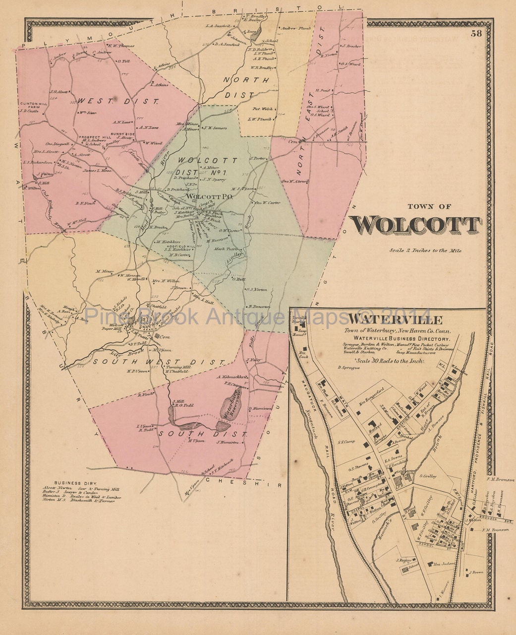 Town Wolcott Connecticut Antique Map Beers by PineBrookAntiqueMaps