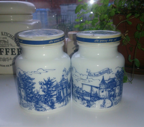 German milk glass mustard jar white and blue farmhouse cottage