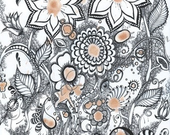 Original Zentangle Art "Coffee Flowers" Print A4/A3 size Wall Deco Wall Art Fine Art Print