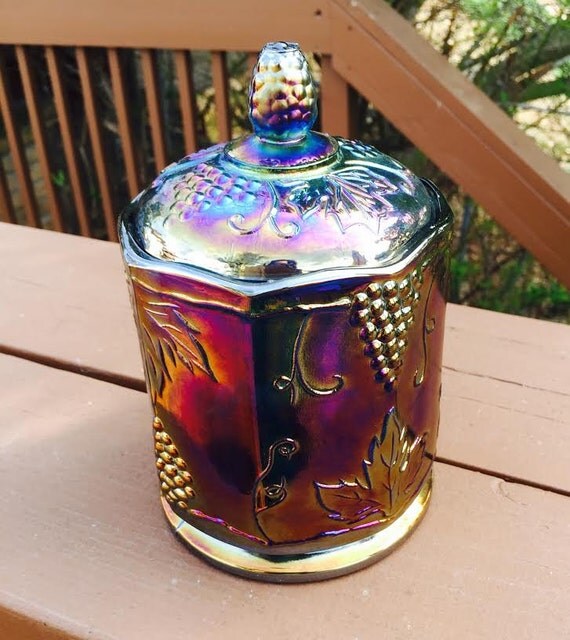 Indiana Carnival Glass CanisterHumidor in Blue Harvest