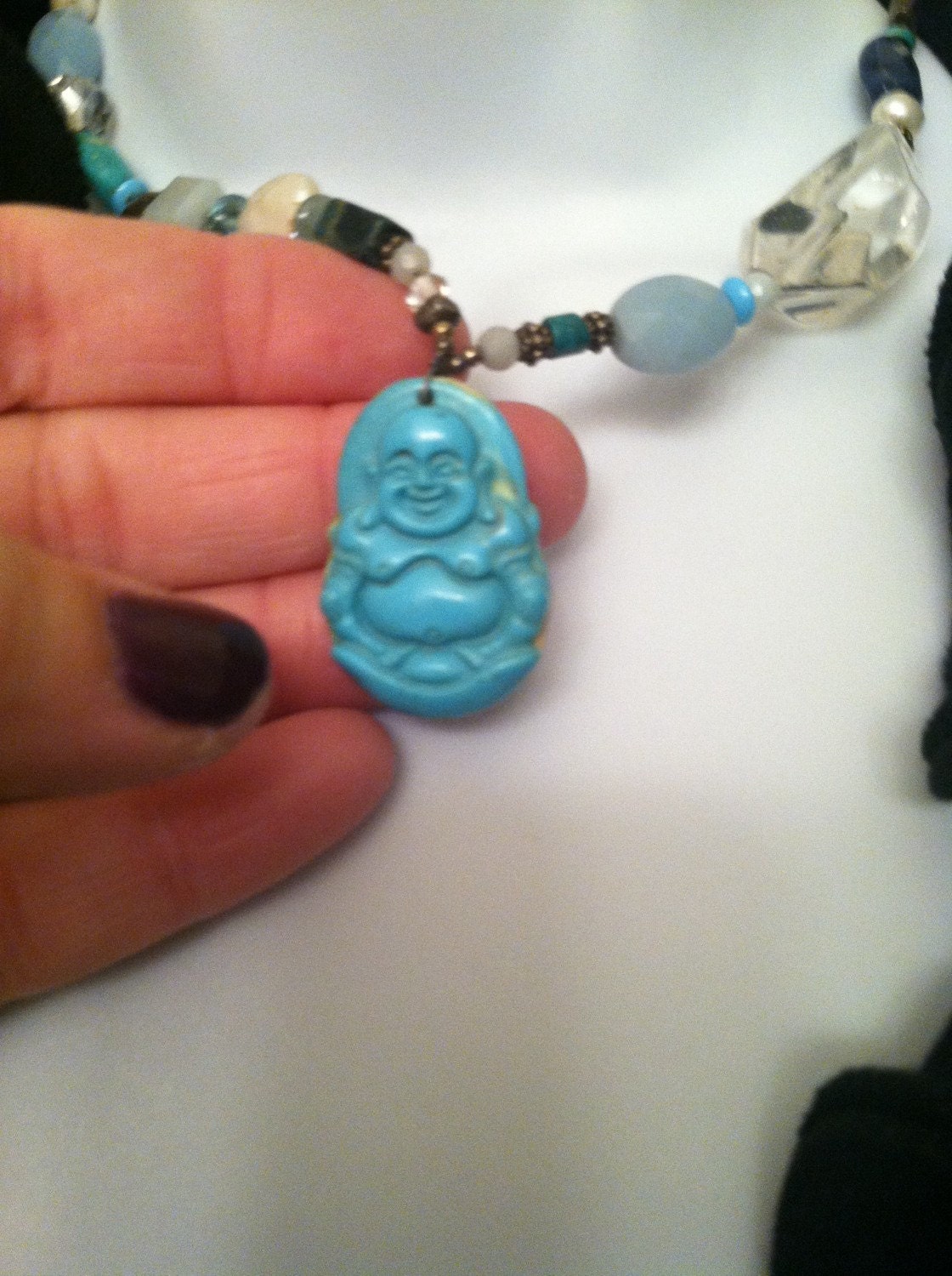 Retro Funky Blue Stone Pendant on Beaded Necklace