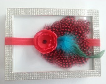 red and black goose feathers headband photo prop, fabric flower flapper, Baby Girl Headband, Newborn Headband, Infant Headband,