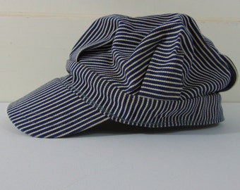 Vintage Train Conductor Hat / Blue & White Striped / Small
