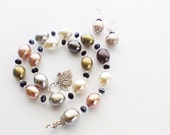 Ladies Necklace And Earring Set.,Semi Precious Beading With Black And Clear Crystals. 925 Sterling Silver Leaf Clasp And Matching Earrings.