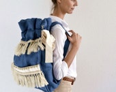 Blue burlap backpack embellished with trims / Handmade bag / Weekend bag