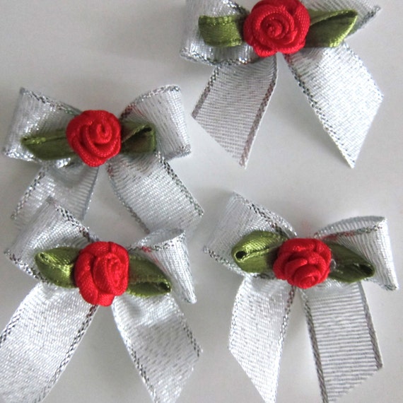 25 bows small silver bows with rose by amadeuscouturesupply 25 bows small silver bows with rose by amadeuscouturesupply