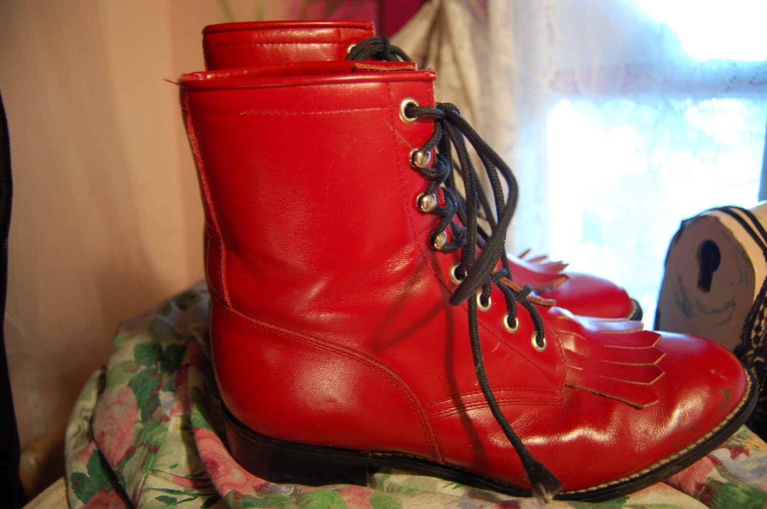 Red Color Boots For Riding Size 5 1/2D Red Leather Paddock Riding Cowboy Cowgirl Roper Kiltie Lace ...