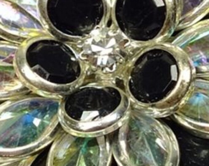 Storewide 25% Off SALE Gorgeous vintage rhinestone flower brooch with a dimensional design in black, aurora borealis and clear rhinestones s