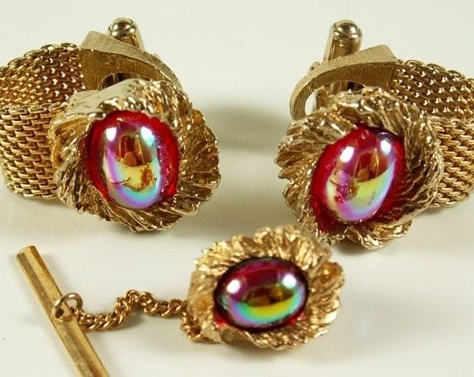 Storewide 25% Off SALE WOW! Collection of four vintage cuff link and tie clasp sets featuring beautiful watermelon cabochons, decorated spar