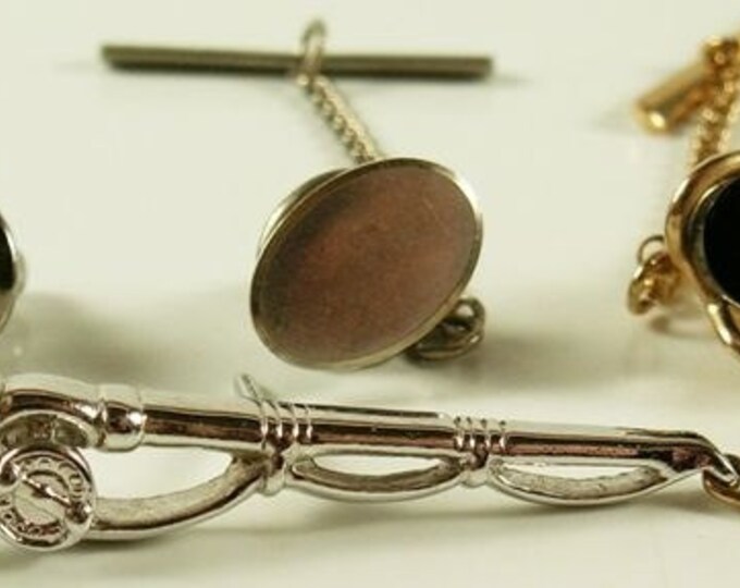 Storewide 25% Off SALE Lovely Collection of four silver and gold vintage tie tacks, one is even designed as a fishing pole with a fish on th