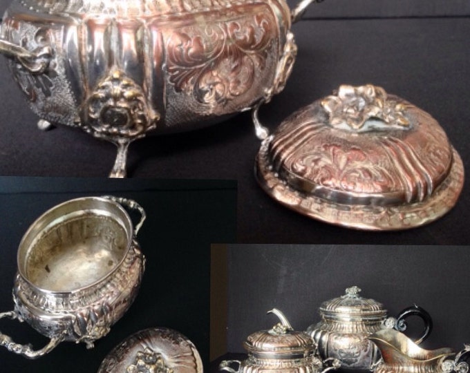 Storewide 25% Off SALE Antique 19th C British Footed Silver Tea Service W/ Teapot, Creamer & Lidded Sugar Bowl Featuring Elegant Patterns W/