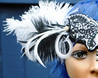Flapper Headband 1920s Style Gatsby Black and White Feather Butterfly with Rhinestone Dangle OOAK