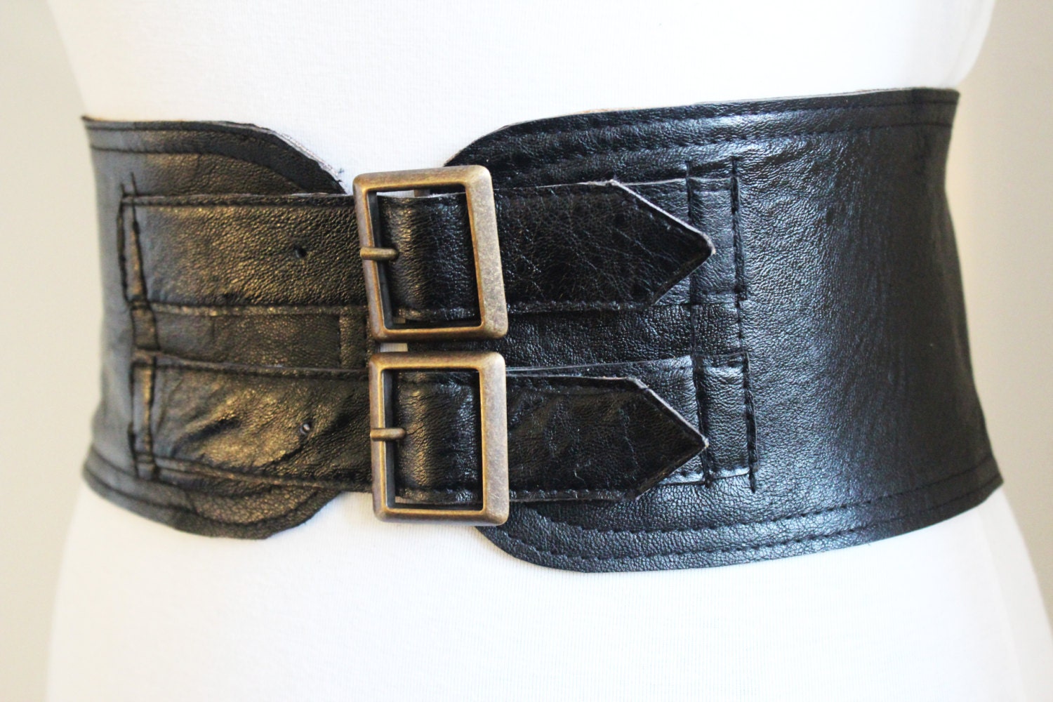 Black Corset Leather Two Gold Buckle Belt Black Belt