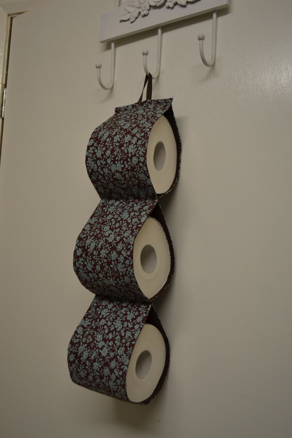 Fabric Toilet Roll Holder/ brown with mint flowers / holds 3
