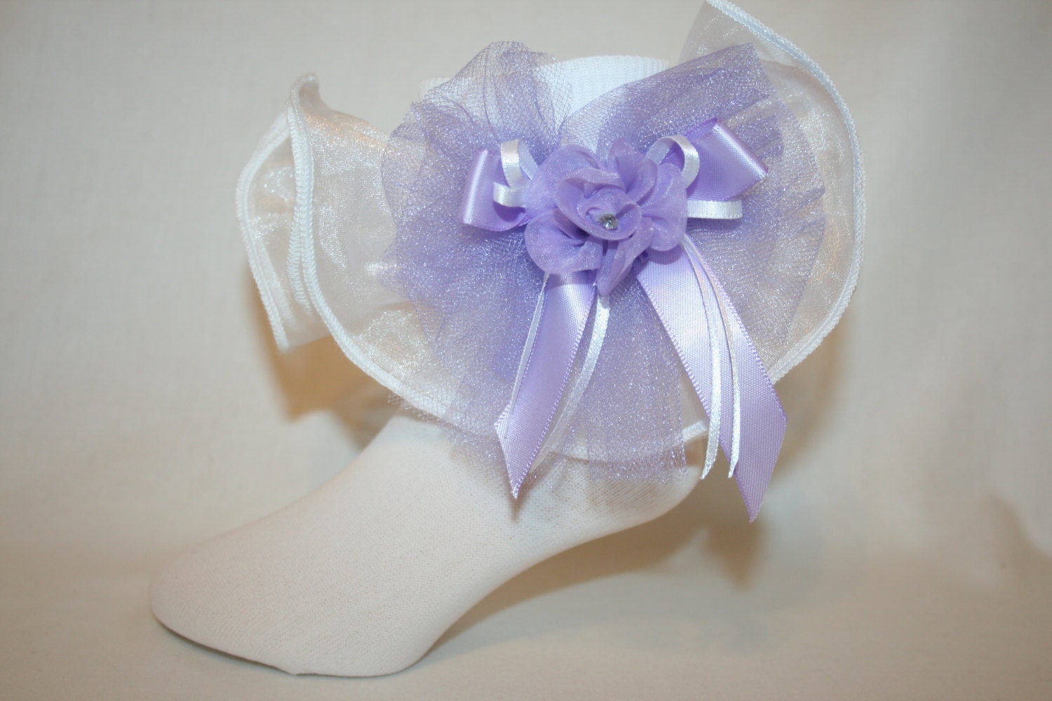 Girls White Nylon & Organza Girl Easter Socks with Lavender