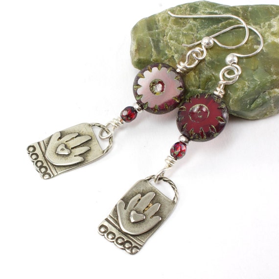 Handmade Silver Earrings Heart In Hands Artisan Charms Red Czech Glass Beads With Picasso Finish