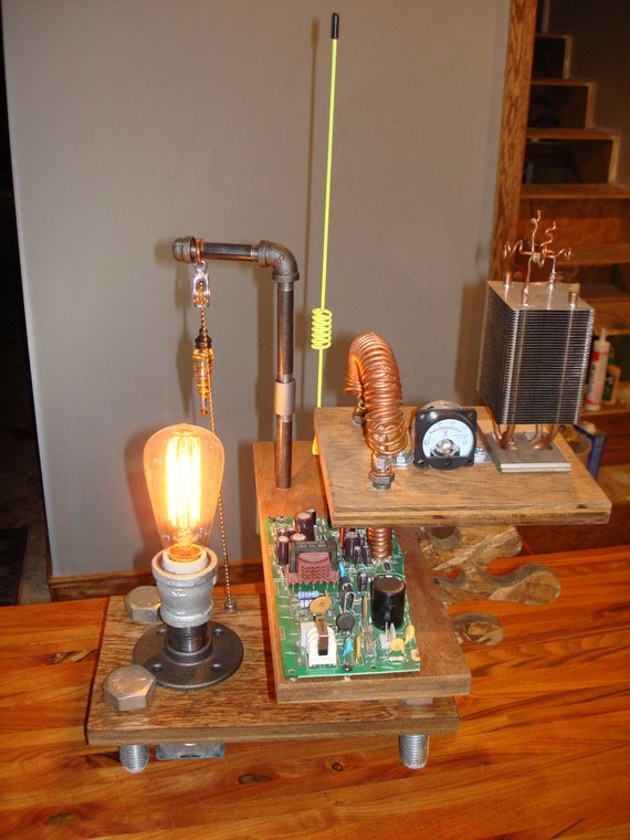 Remote Control A Unique Rustic Metal & Wood TABLE LAMP with