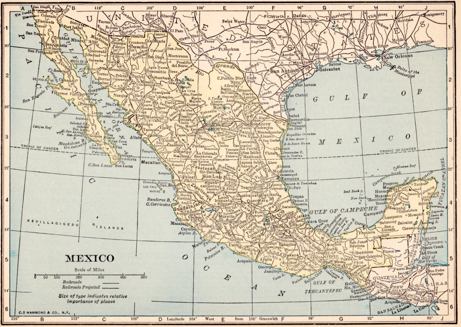 VINTAGE 1923 MEXICO Map 1923 Original Print Neat Collectible