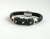 Black bracelet Regaliz licorice leather men's bracelet with magetic clasp, beaded spikes, zamak spacers, Oh rings