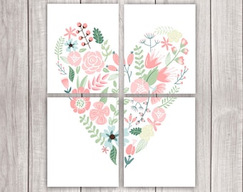 75% OFF SALE - Wall Art Set (Set of Four 8x10s) - Panel Art Set, Wall Mural, Floral Heart Print, Heart Printable Art, Love Art Print