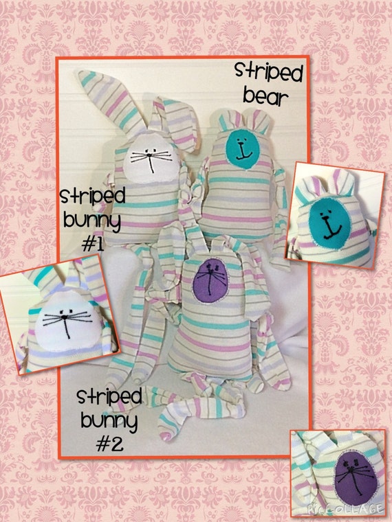 Teal/White/Purple Striped Stuffed Bunnies and Bear