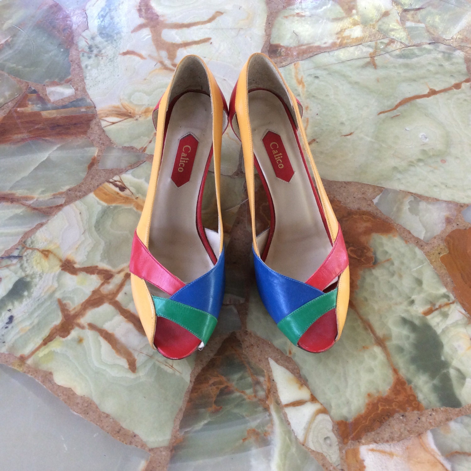Vintage Leather Colorblock Cutout Pumps / Stacked Heel / Made by Calico ...