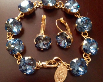 12mm Denim Blue Swarovski® bracelet in Matte Gold finish