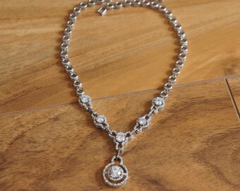 Vintage , Sterling Silver Necklace, 925 flower CZ Aurora Borealis Rhinestones Shiny Brilliant WeddingW-073