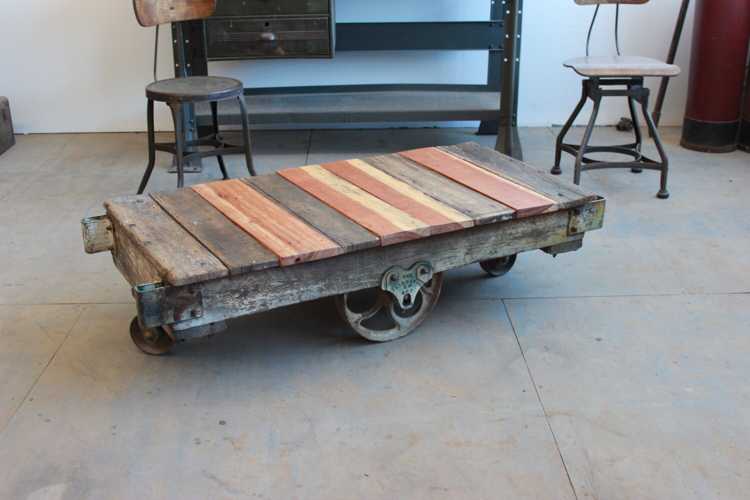 Vintage Industrial Rustic Antique Wood Railroad Baggage Cart Coffee Table W Cast Iron Wheels 1900s Haute Juice