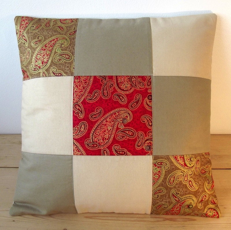 Quilted cushion cover Red and gold paisley prints with