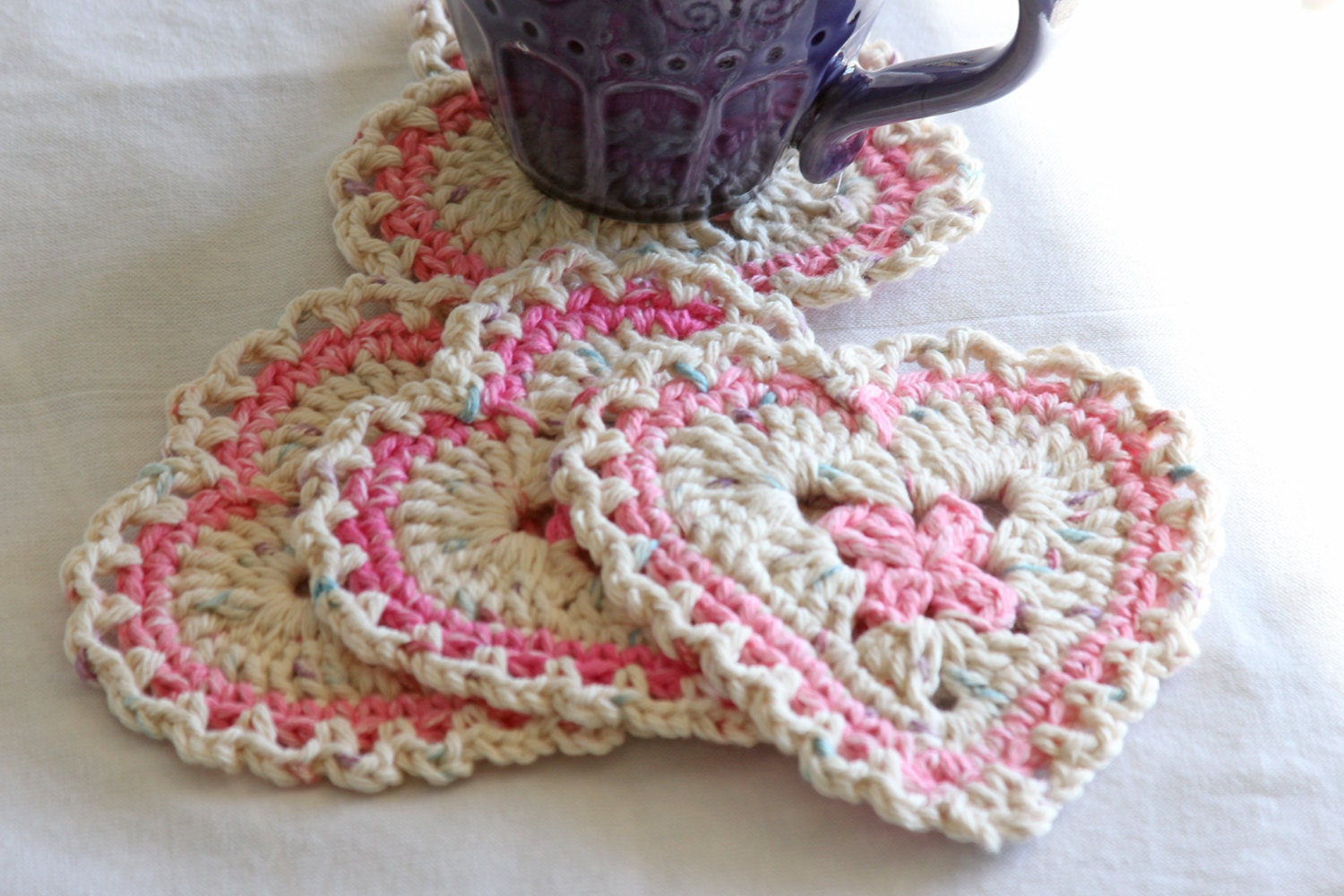 Crochet coaster set heart shaped coasters 100% cotton drink