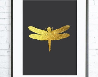 Gold Art, Gold Decor, Instant Download, Gold Dragonfly Print, Print Art, modern art, digital art, Print, Dragonfly art, Dragonfly print