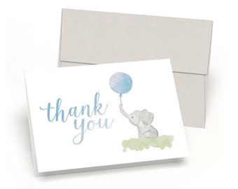 Little Elephant Baby Shower Thank You Cards - Watercolor Elephant & Balloon - By Palmer Street Press