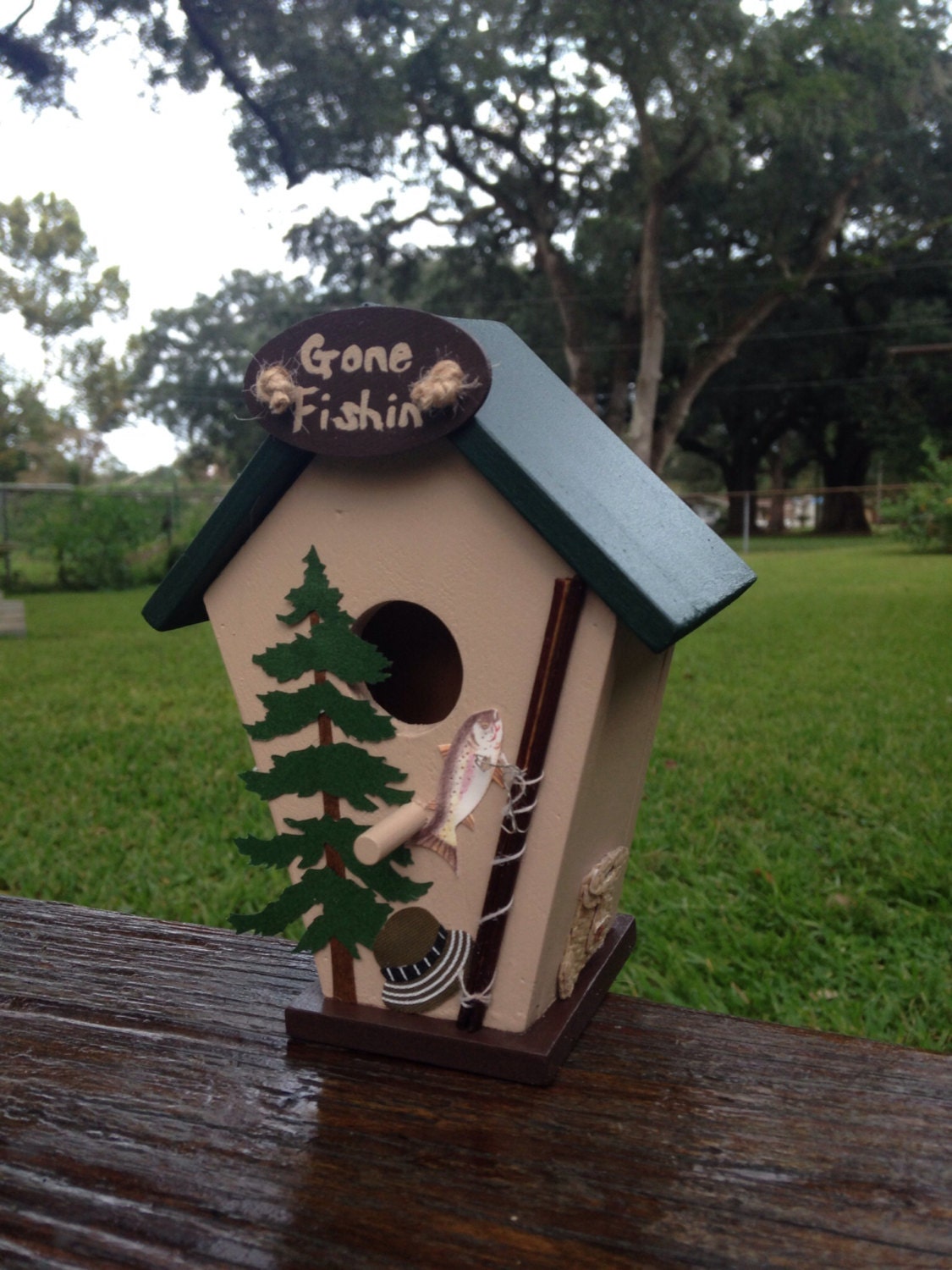 Fishing Themed Birdhouse with fishing rod and by TheFrillyFowl