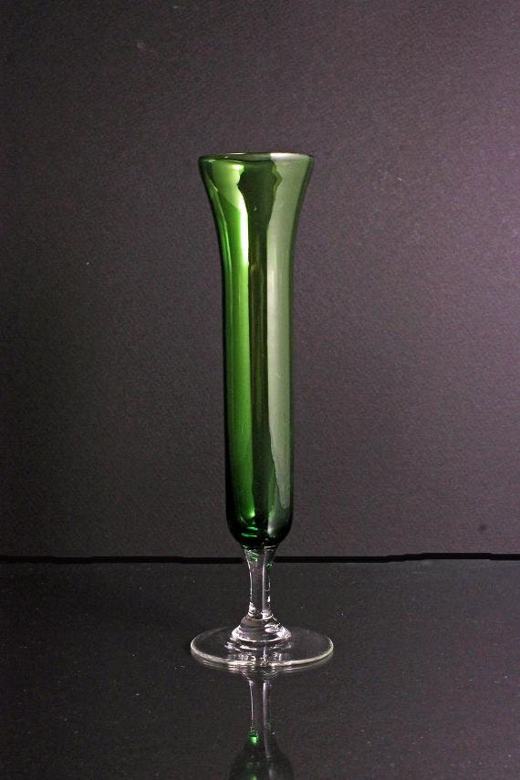 Green Hand Blown Glass Bud Vase With Clear Glass Foot and Stem