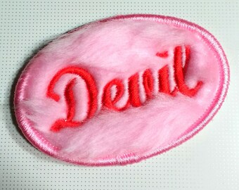 Vintage Furry Pink "DEVIL" Embroidered Sew -On Patch 3''