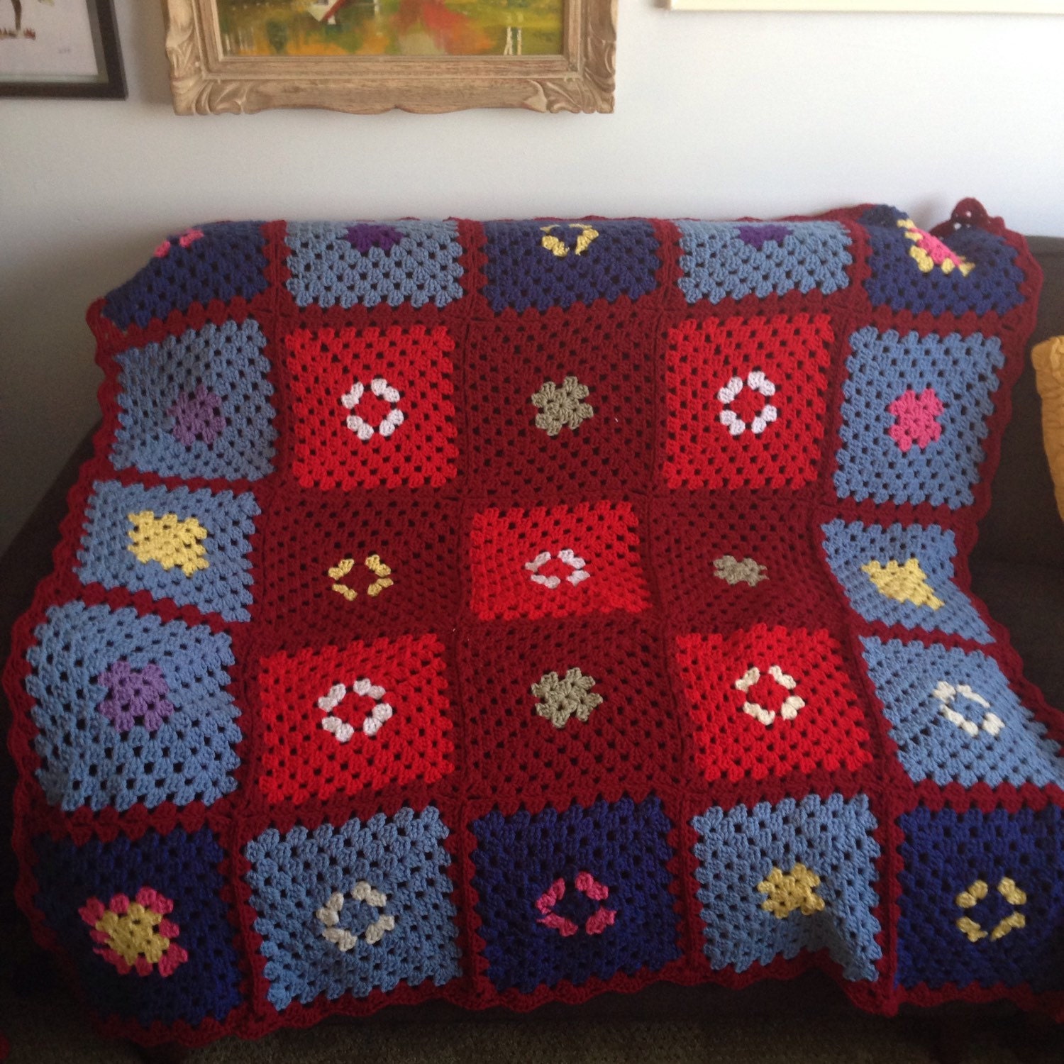 Vintage Granny Square Afghan knit blanket throw lap size