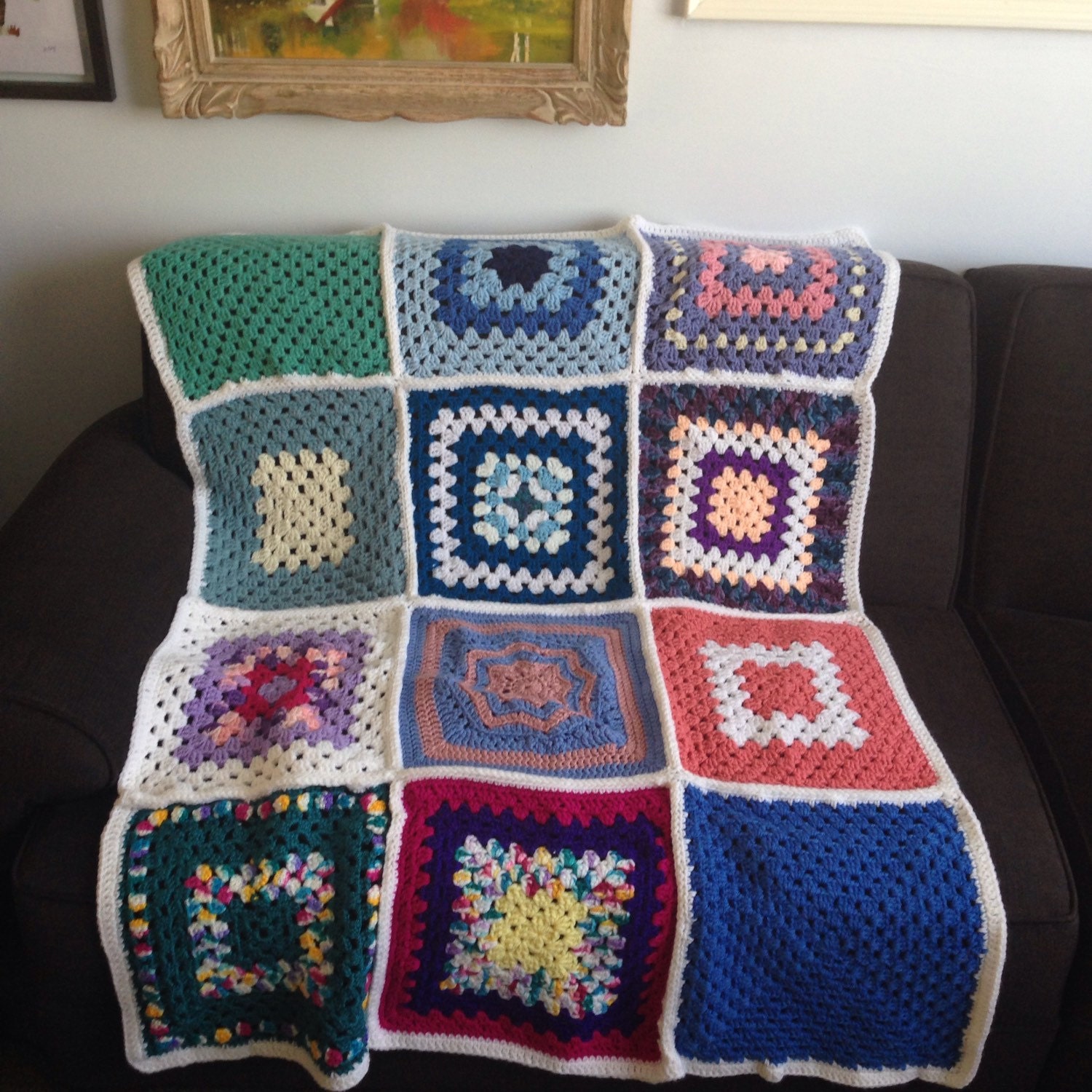 Vintage Granny Square Knit Afghan blanket throw yarn lap