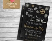 Winter housewarming invitation, new house party, home sweet home, there is snow place like home, silver gold chalkboard invite