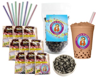 9 Drink DeDe Bubble Tea Kit Milk Tea Powder Boba Tapioca Pearls & 9 Fat Straws