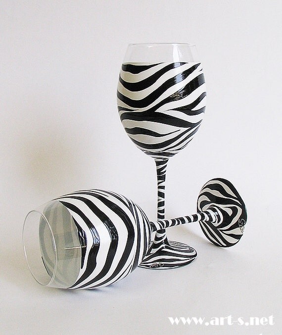 Items similar to Hand Painted Wine Glasses/ Set of 2/ Zebra pattern