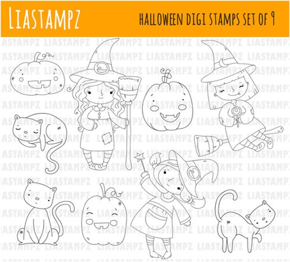 Digital stamp - Witch  Girl. Halloween digital stamp.clip art digital stamp. pumpkin stamp.cat stamp. LiaStampz