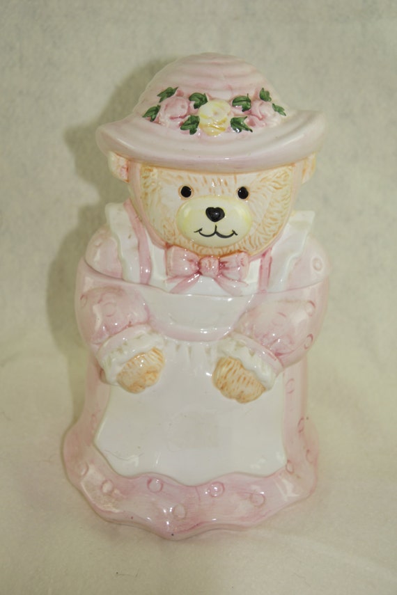 Vintage Pink Mama bear Cookie Jar with apron by thetreasuredigger