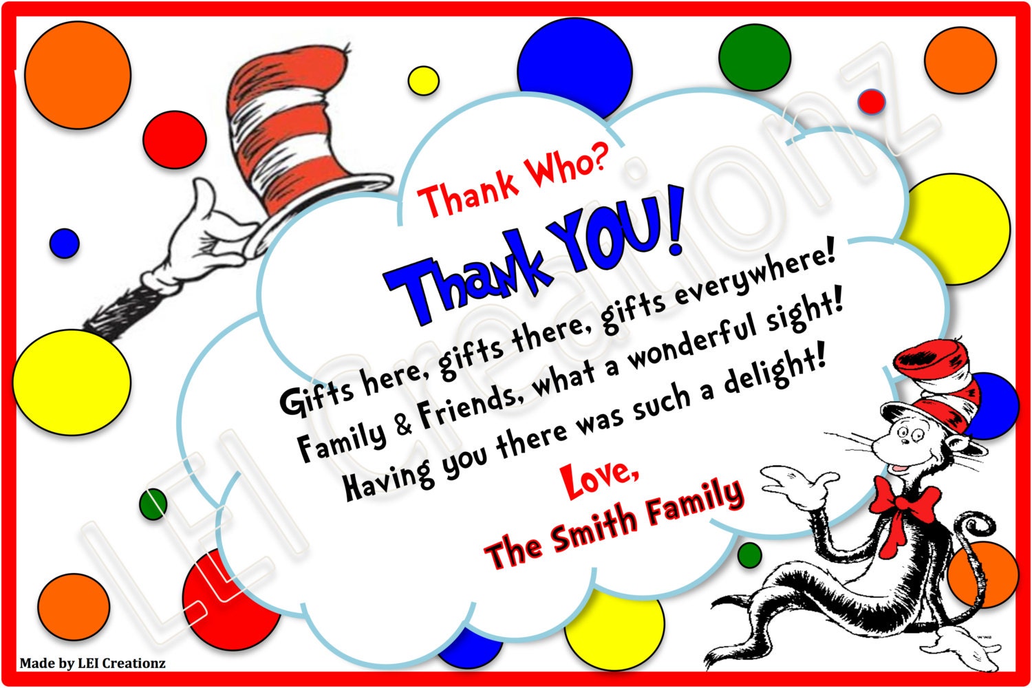 Dr. Seuss Thank You Card Dr. Seuss Invitation Printable File