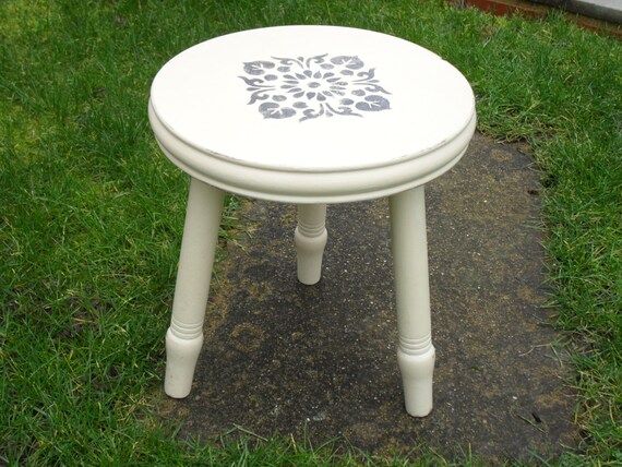 Legged Stool Hand Painted &amp; Stencilled Vintage Stool Wooden Stool 