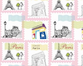 Riley Blake Fabric - Pepe in Paris - Paris Stamp Pink - Sold by the yard