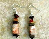 Marbled Stones Earrings with White and Orange Stones, Boho, Marbled Earrings, Wooden Beads Earrings, Bohemian Jewelry, Boho Jewelry