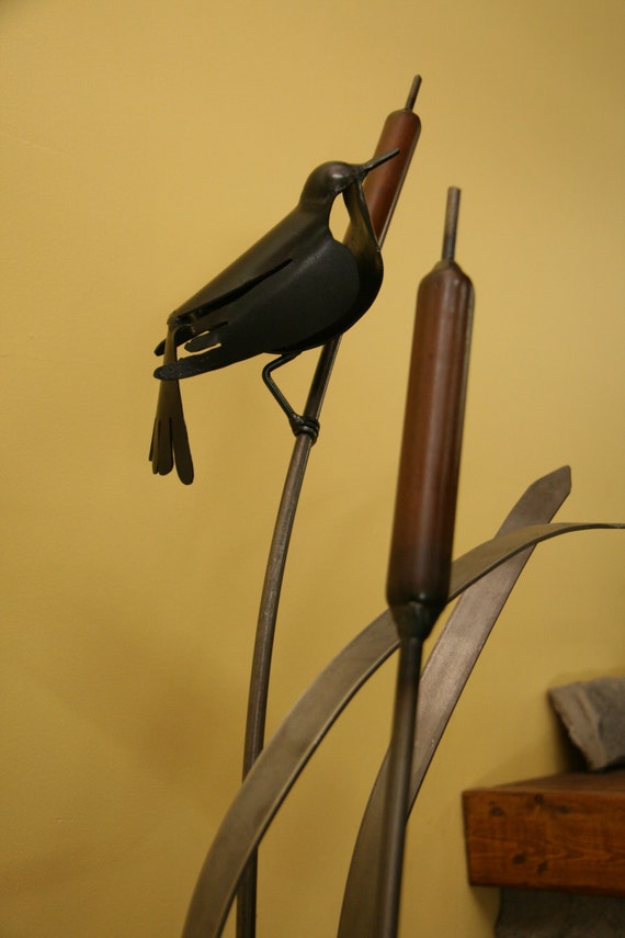 Metal Blackbird on Bulrush Garden Art by metalbyhand on Etsy